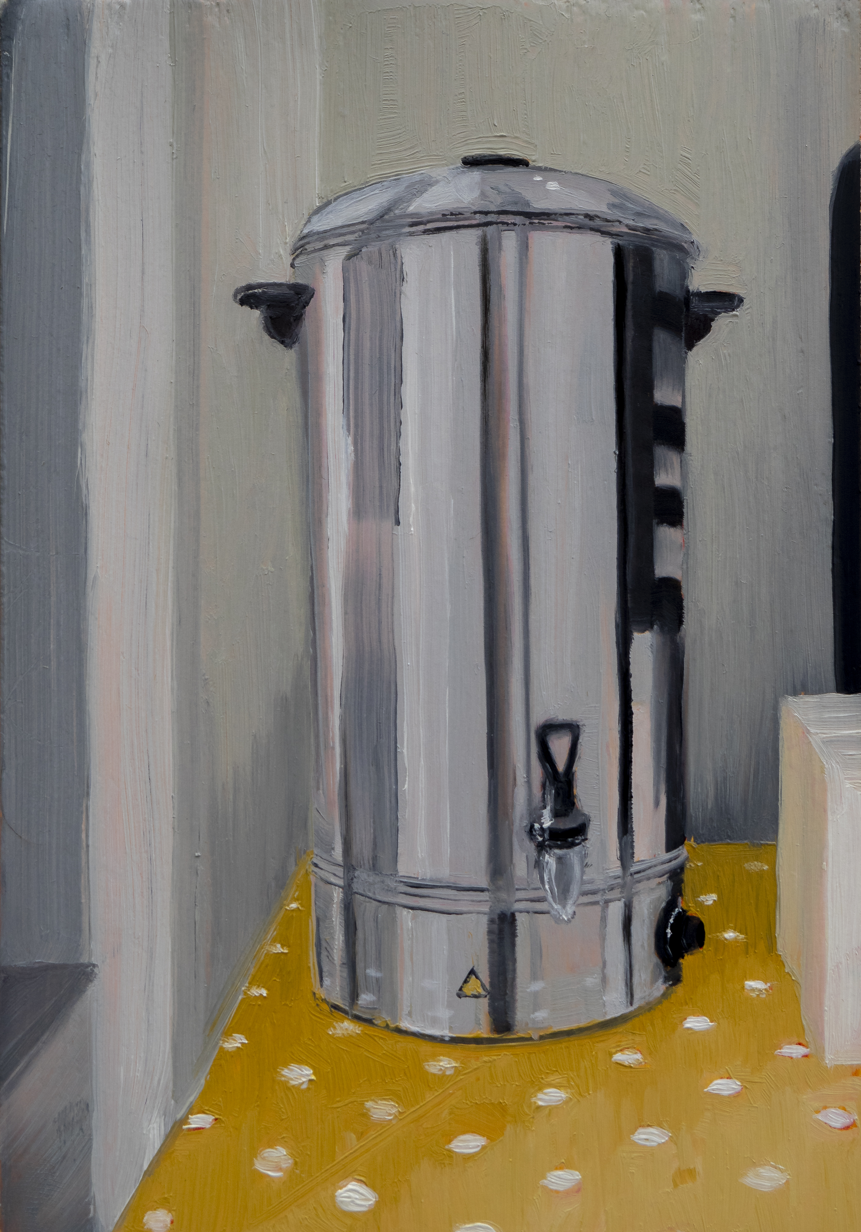 Oil painting of a stainless-steel catering tea urn in film-set holding — 'Big Urn' by Greg Hughes